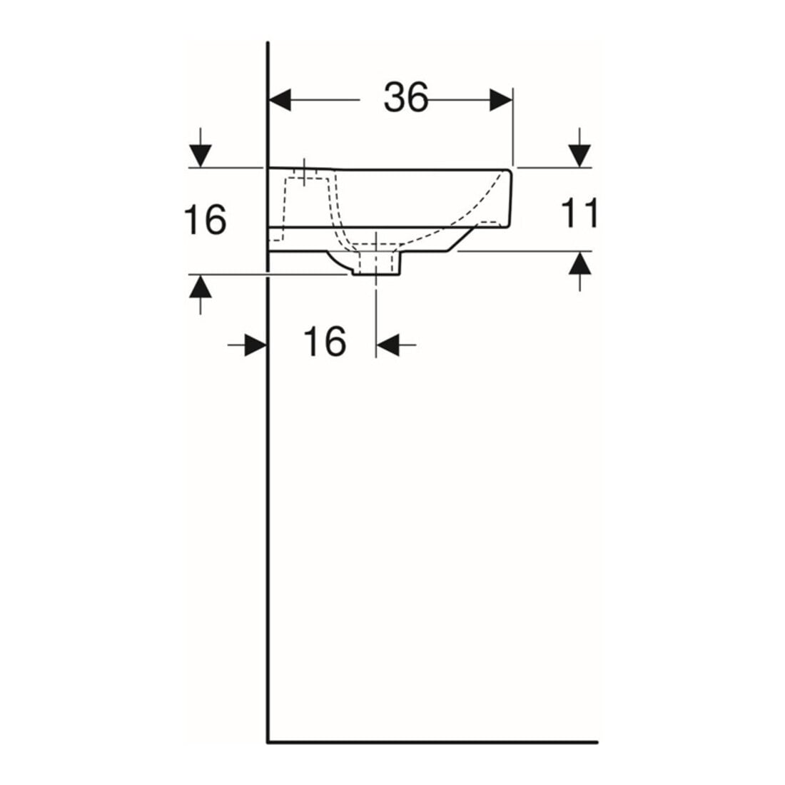Geberit Handwaschbecken Smyle Square we., 45x36cm, m Hahnl., m ÜL asym.