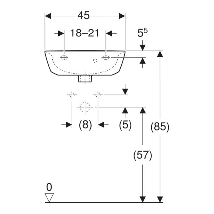 Geberit Lavabo à main Renova 45x36cm, blanc, sans robinet, avec trop-plein asym.