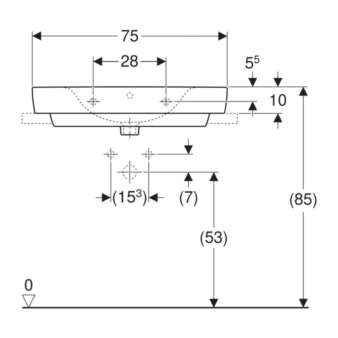 Geberit Lavabo à poser Renova Plan 75x48cm, trop-plein, avec tablette, blanc