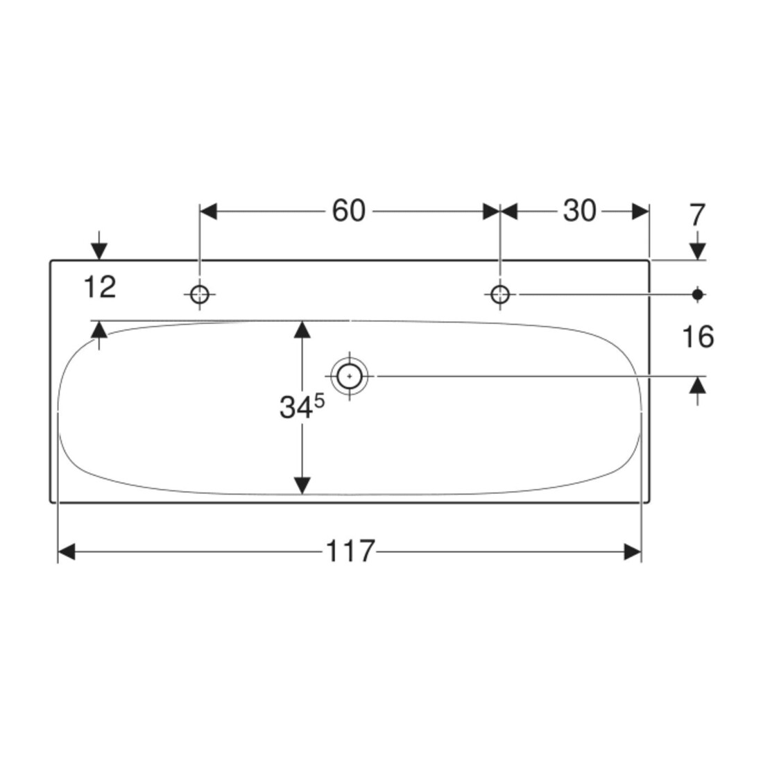 Geberit Lavabo Acanto 120x48,2 cm, sans trop-plein, mitigeur droite + gauche, blanc