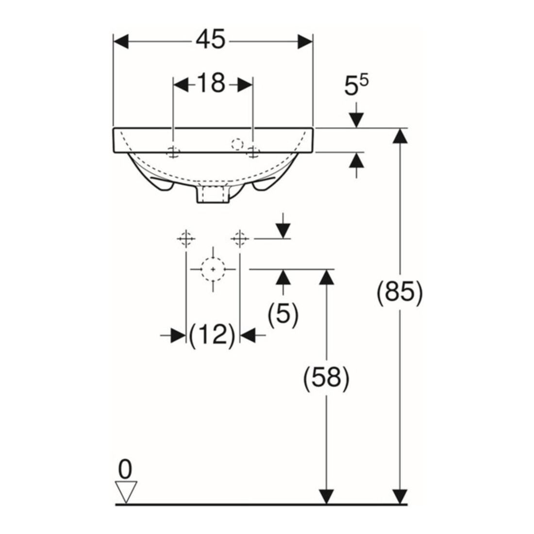 Geberit Lavabo Acanto 45x38 cm, avec trou robinet, trop-plein, blanc