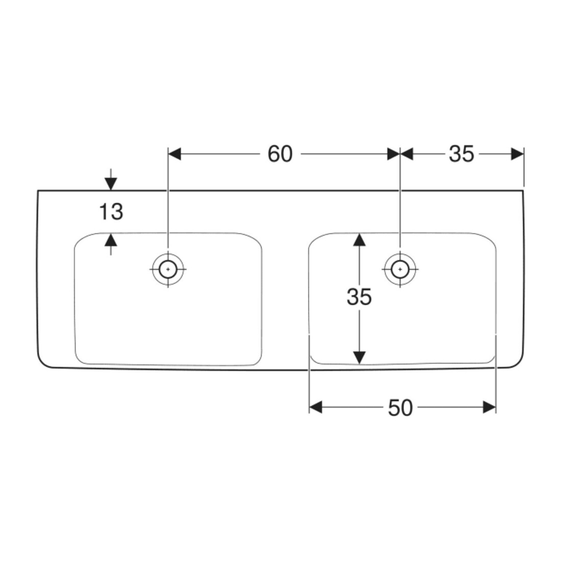Geberit Lavabo double Renova Plan 130x48 cm, sans robinet, sans trop-plein, blanc KeraTect
