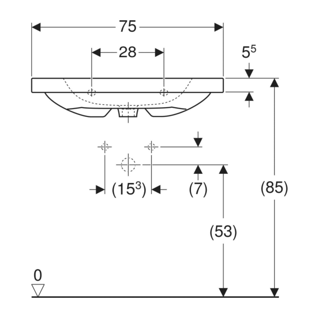 Geberit Lavabo iCon Light 75x48 cm, évacuation HL, avec trop-plein, avec plan, blanc K-Tect