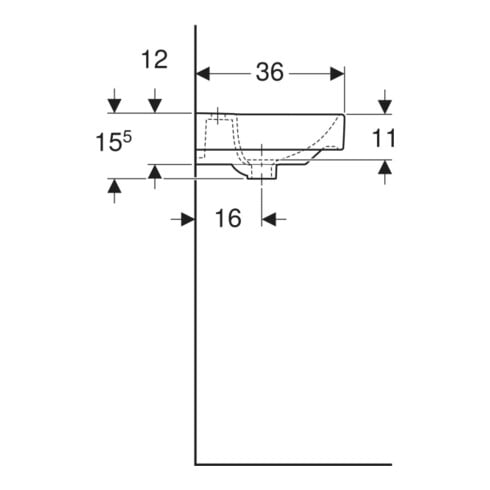 Geberit Lavabo mural Smyle Square KeraT./blanc, 45x36cm, avec robinet, avec trop-plein asym.