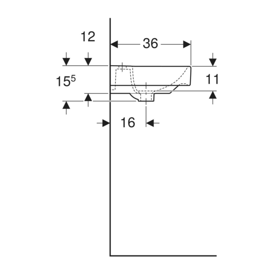 Geberit Lavabo mural Smyle Square KeraT./blanc, 45x36cm, avec robinet, avec trop-plein asym.