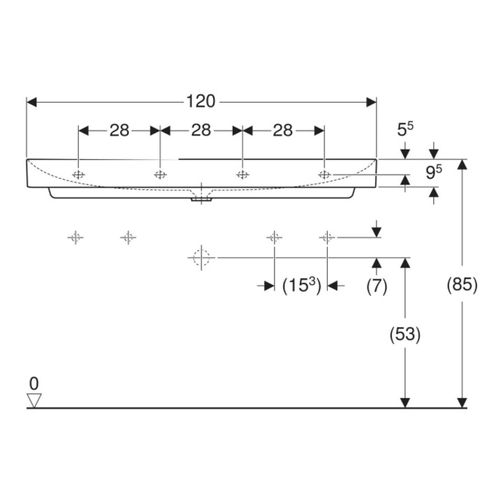 Geberit Lavabo One 120x48 cm, évacuation gauche + droite, sans trop-plein, blanc K-Tect