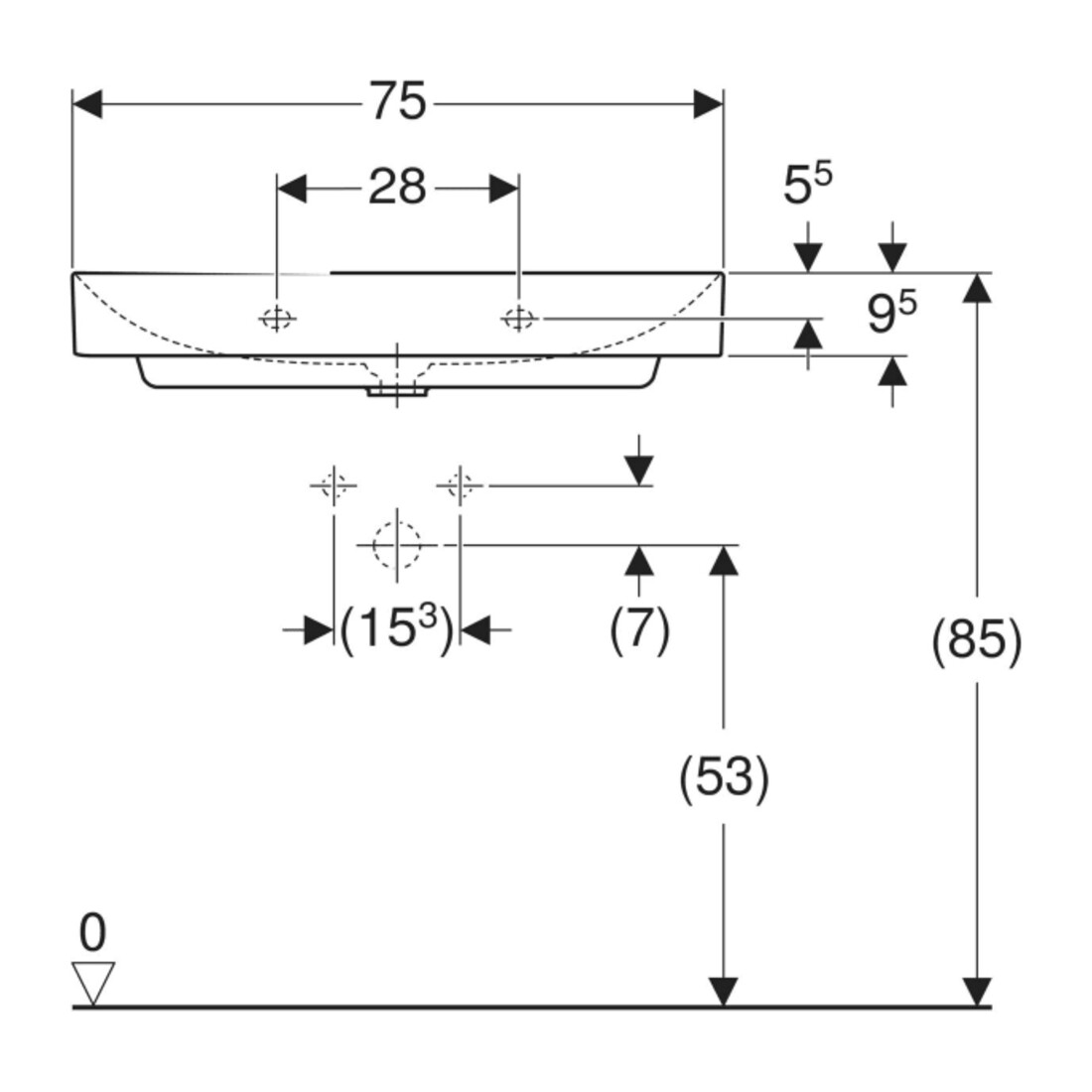 Geberit Lavabo One 75 cm, sans robinet + trop-plein, blanc KeraTect