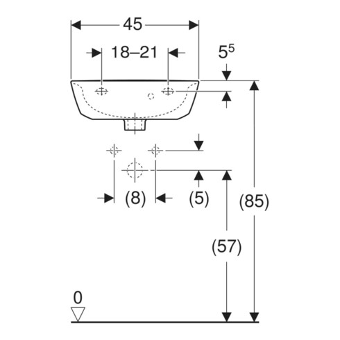 Geberit Lavabo Renova 45x36 cm, avec trop-plein, sans robinet, asymétrique