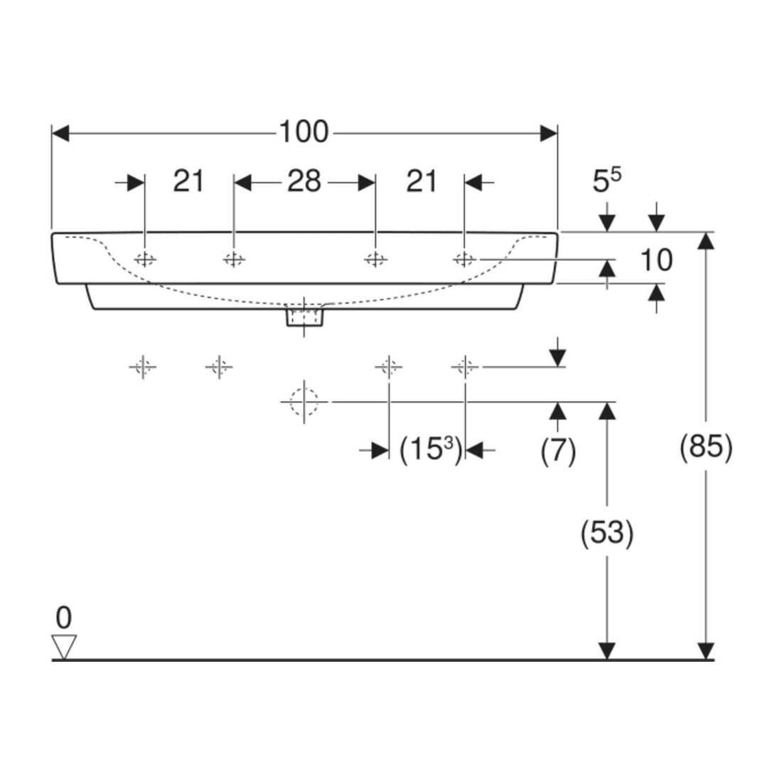 Geberit Lavabo Renova Plan 100x48 cm, robinet droite/gauche, avec trop-plein, blanc