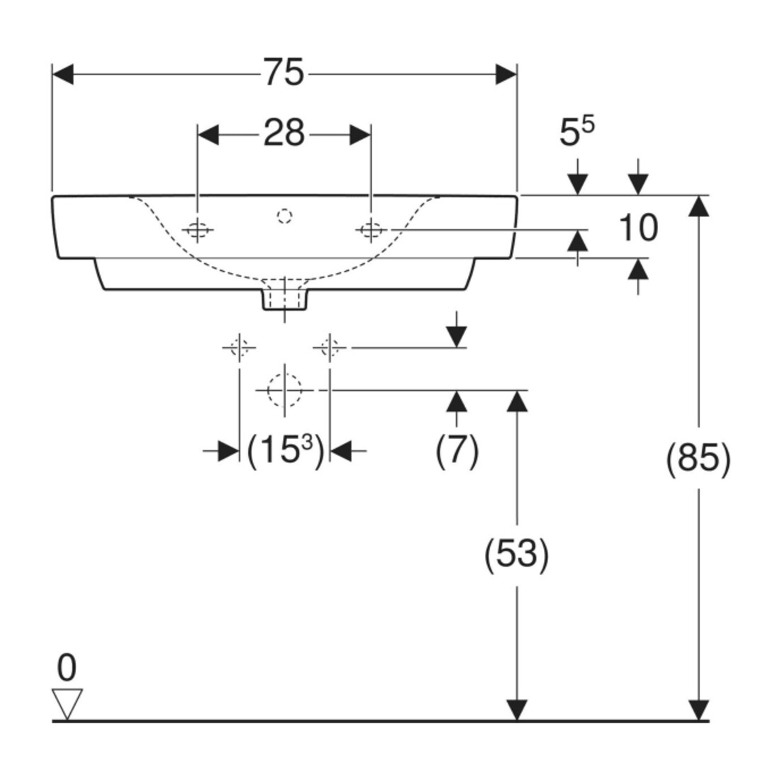 Geberit Lavabo Renova Plan 75x48 cm, évacuation latérale, avec tablette, blanc