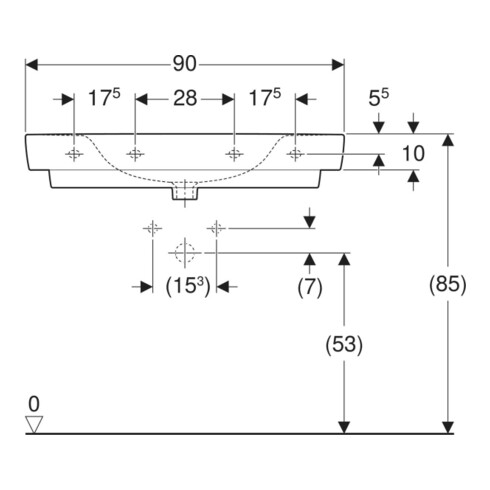 Geberit Lavabo Renova Plan 90x48 cm, évac. horizontale, sans trop-plein, avec plage, blanc K-Tect
