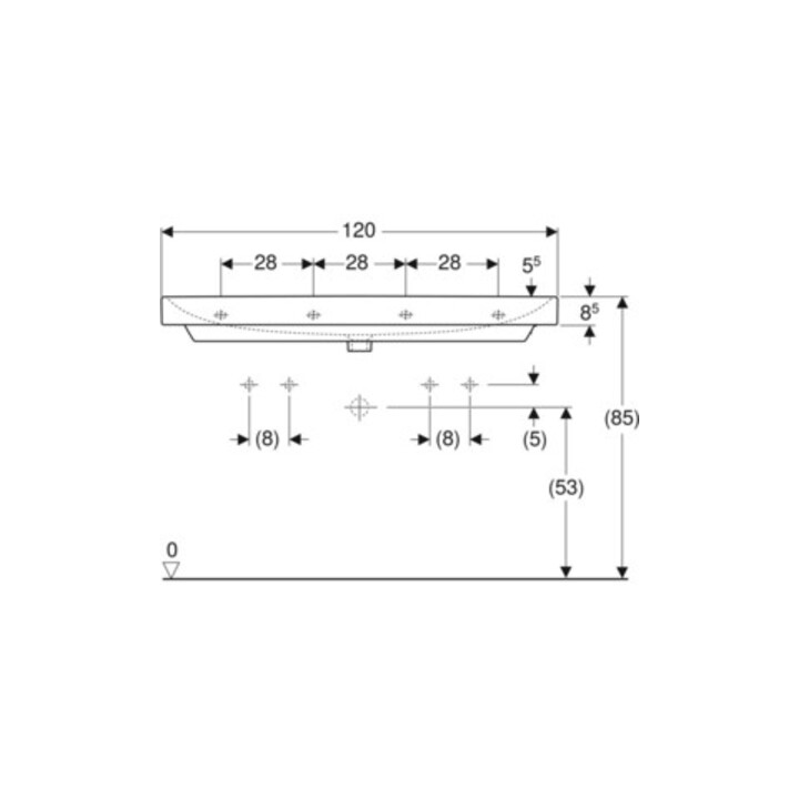 Geberit Lavabo Smyle Square 120x48 cm, robinetterie gauche + droite, avec trop-plein, blanc