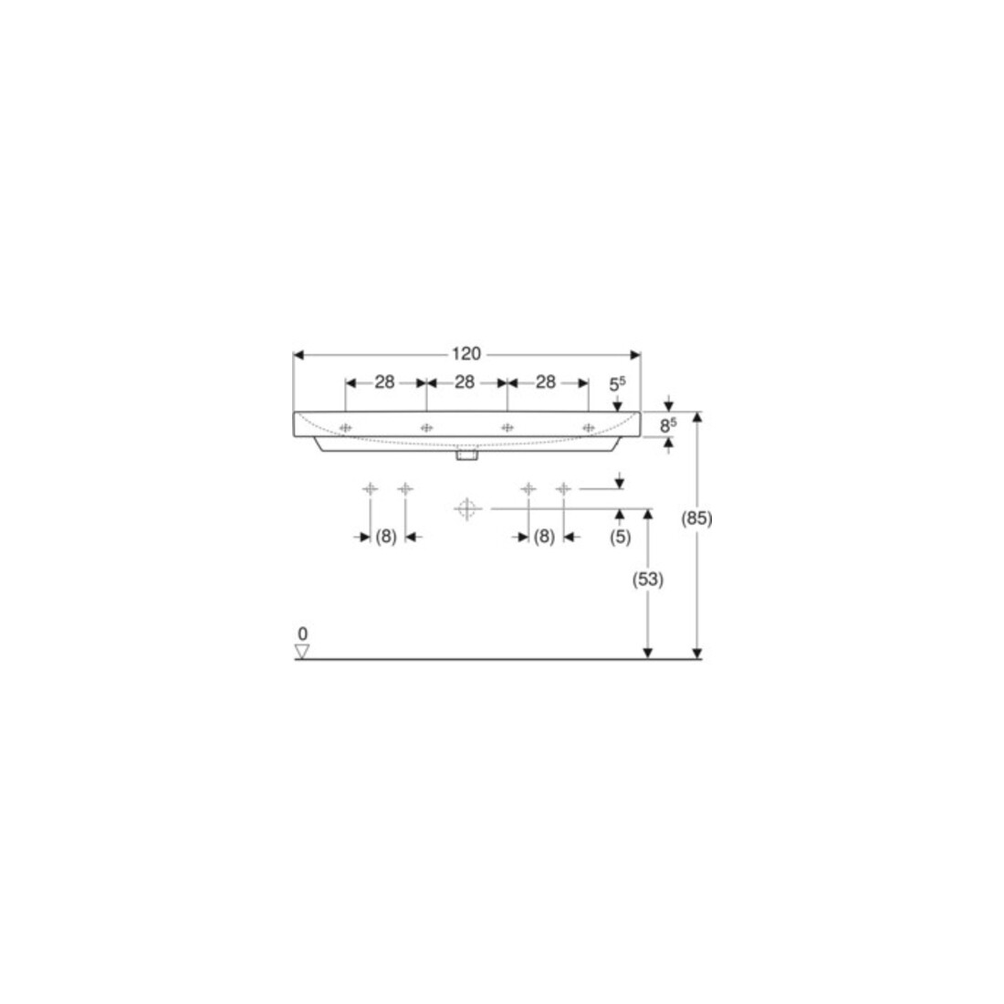 Geberit Lavabo Smyle Square 120x48 cm, robinetterie gauche + droite, avec trop-plein, blanc
