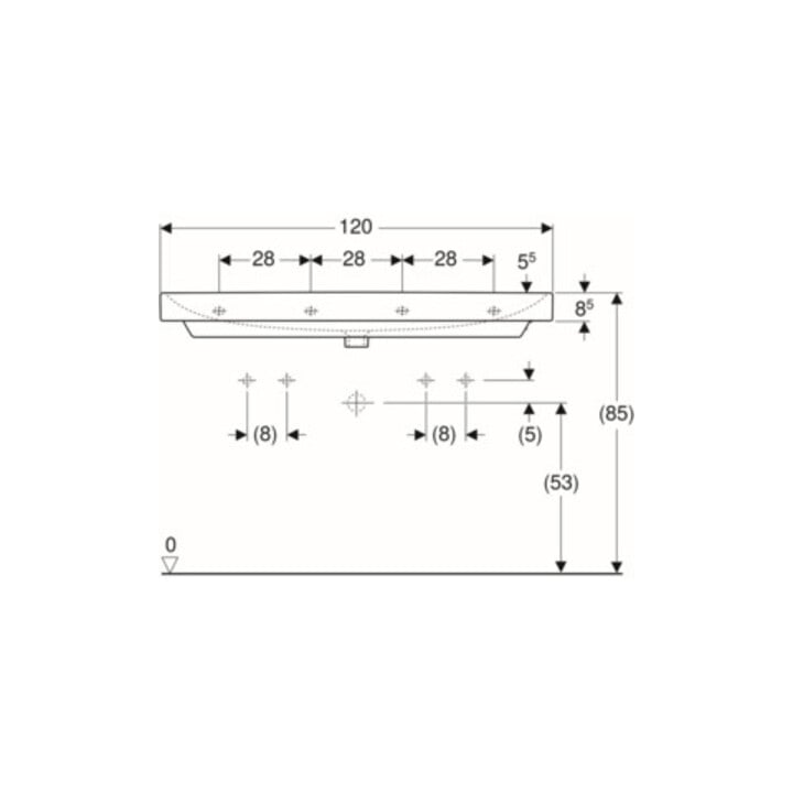 Geberit Lavabo Smyle Square 120x48 cm, robinetterie gauche + droite, avec trop-plein, blanc