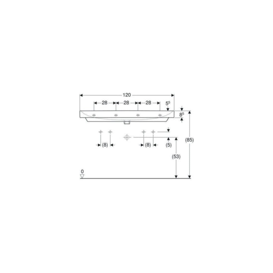 Geberit Lavabo Smyle Square 120x48 cm, robinetterie gauche + droite, avec trop-plein, blanc