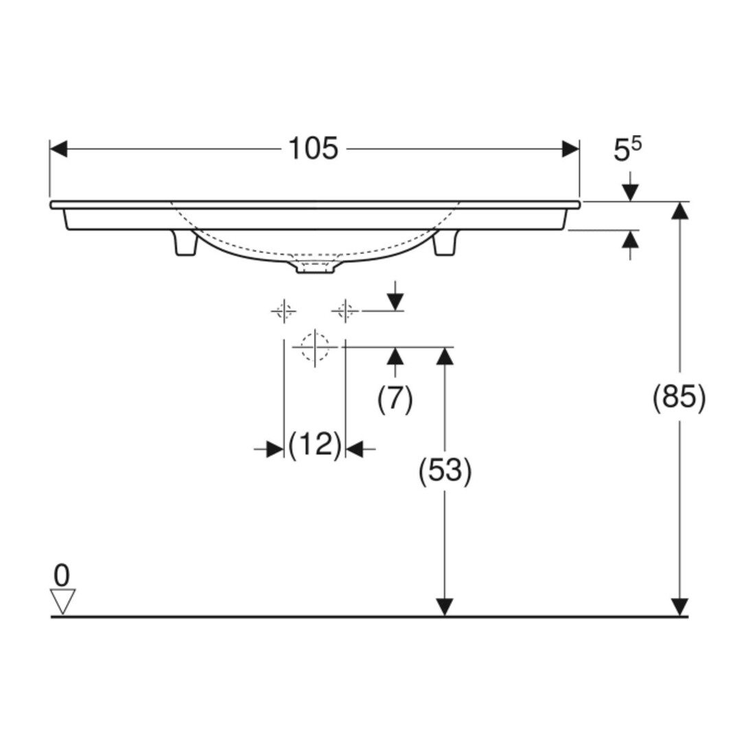Geberit Möbelwaschtisch One 105x48cm, Hahnl. mit., o. ÜL, we. K-Tect