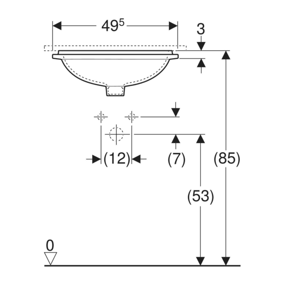 Geberit Unterbau-Waschtisch VariForm 49,5x42cm, o HL, o. ÜL, ov., we. K-Tect