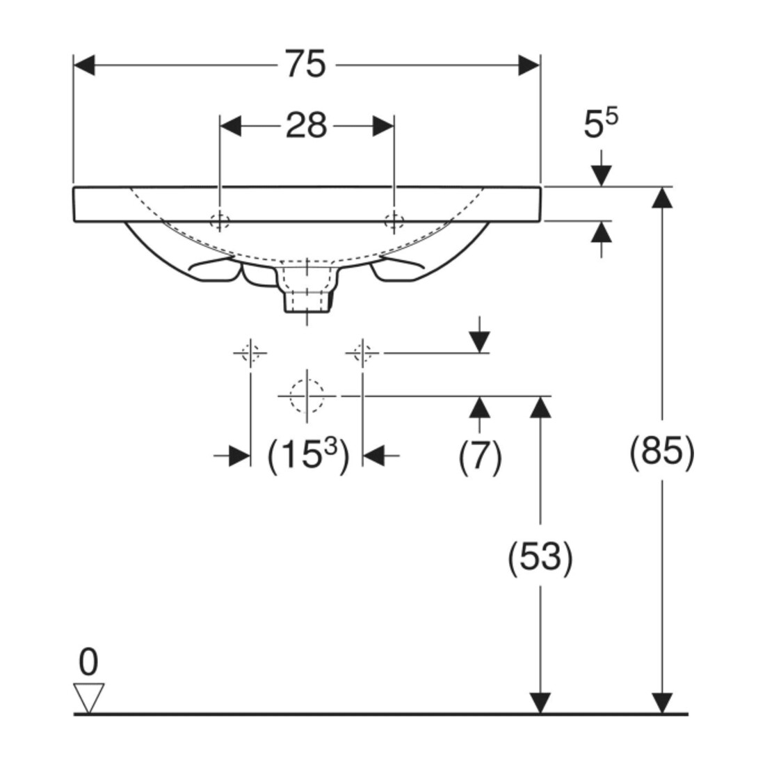 Geberit Waschtisch Acanto 75x42,2cm, m Abl, m HL, m ÜL, we. K-Tect