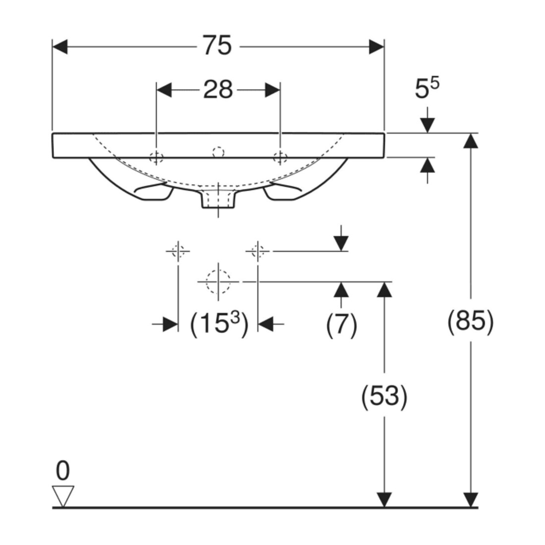 Geberit Waschtisch Acanto 75x48,2cm, m Abl, m HL, m ÜL, we. K-Tect