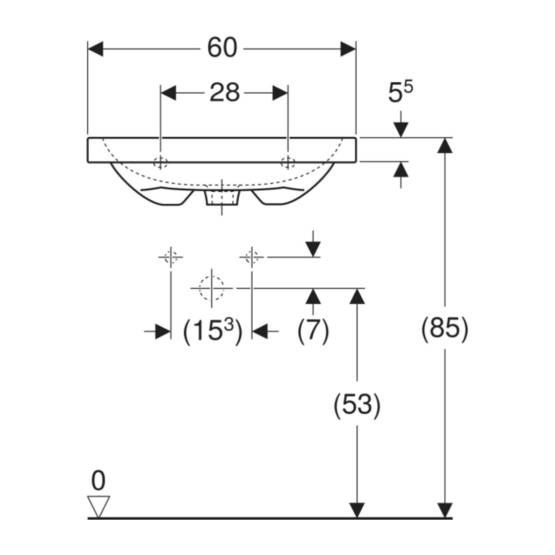 Geberit Waschtisch iCon Light 60x48cm, Hahnl. mit., o. Überlauf, weiß