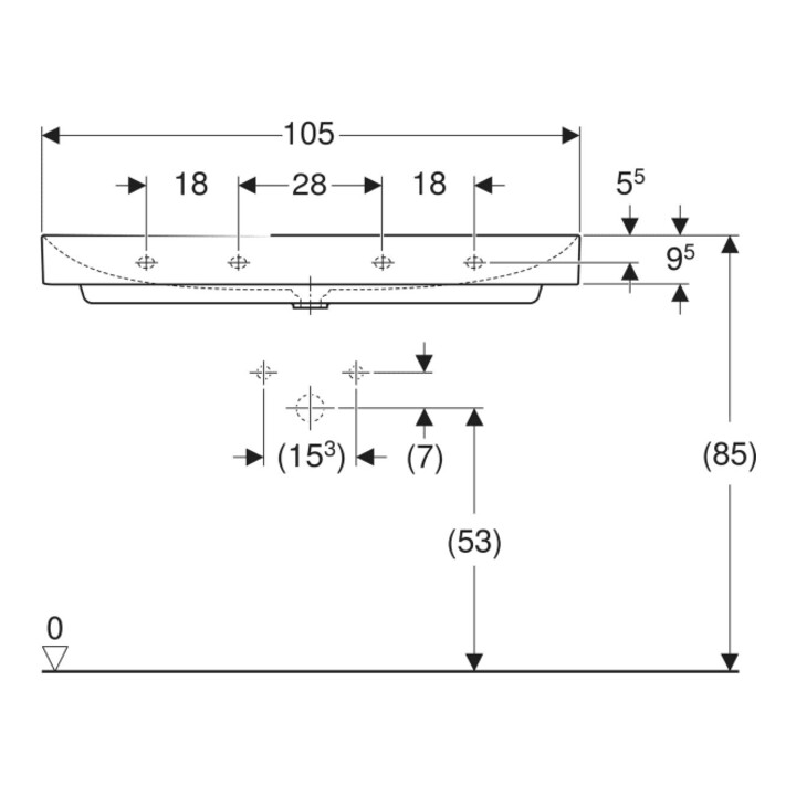 Geberit Waschtisch One 105cm, Hahnl. mit., o. ÜL, weiß KeraTect