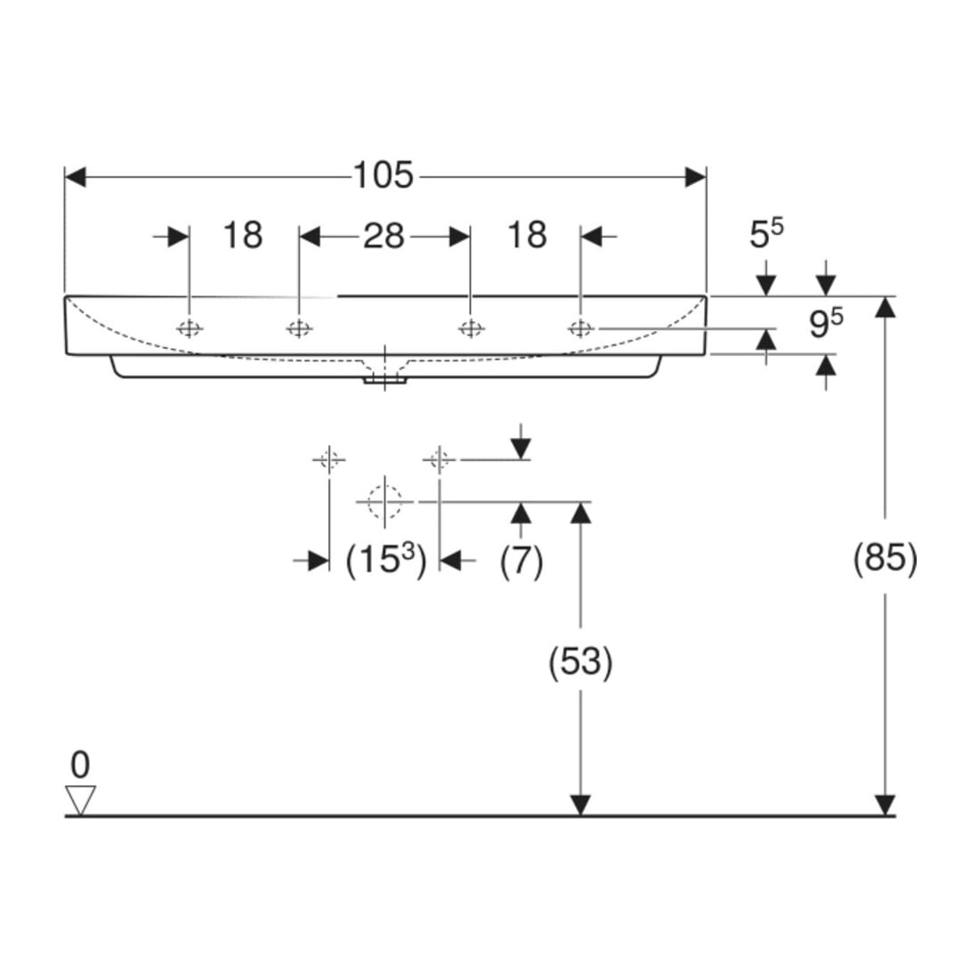Geberit Waschtisch One 105cm, Hahnl. mit., o. ÜL, weiß KeraTect