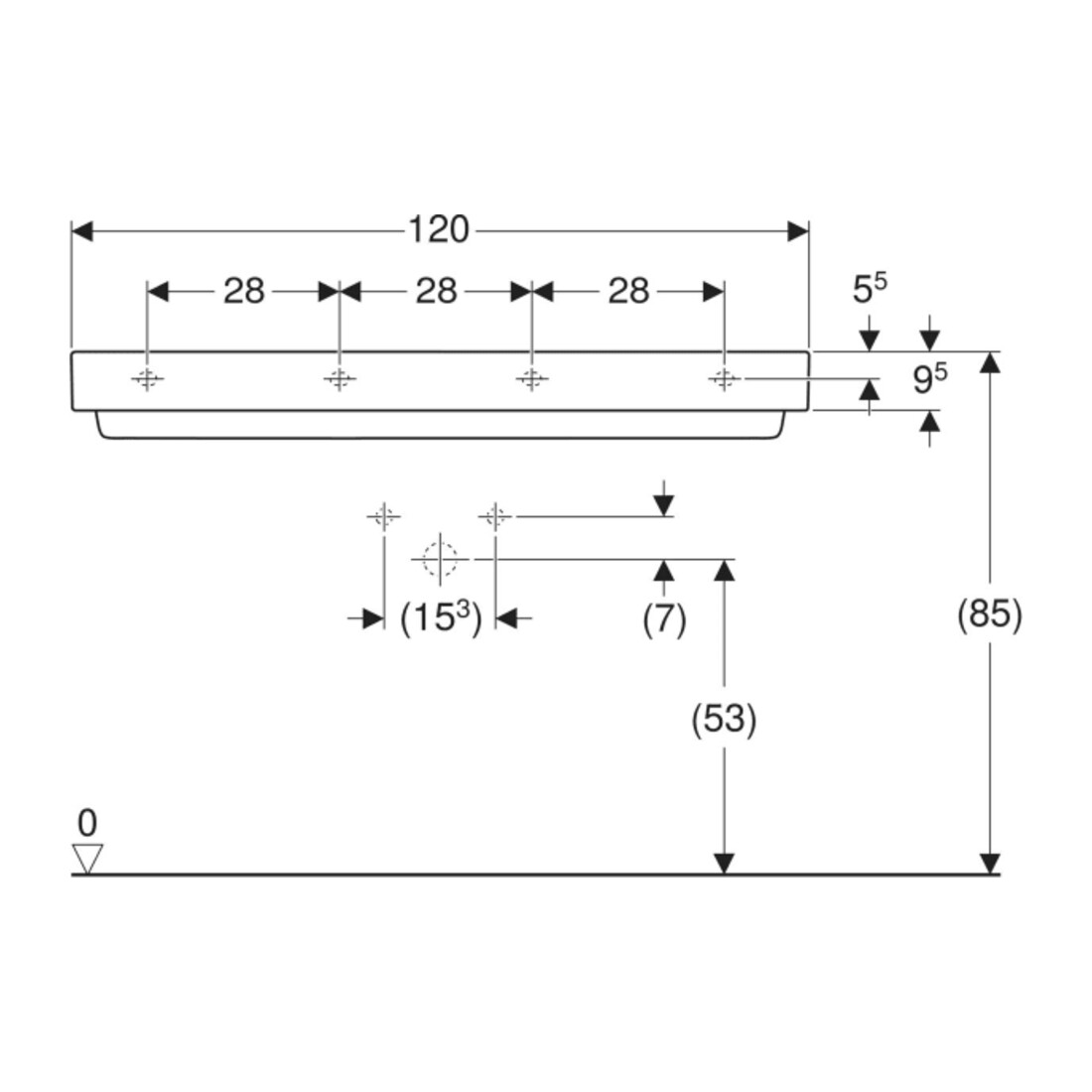 Geberit Waschtisch One 120cm, m HL mi, o. ÜL, we. K-Tect/Bl we.