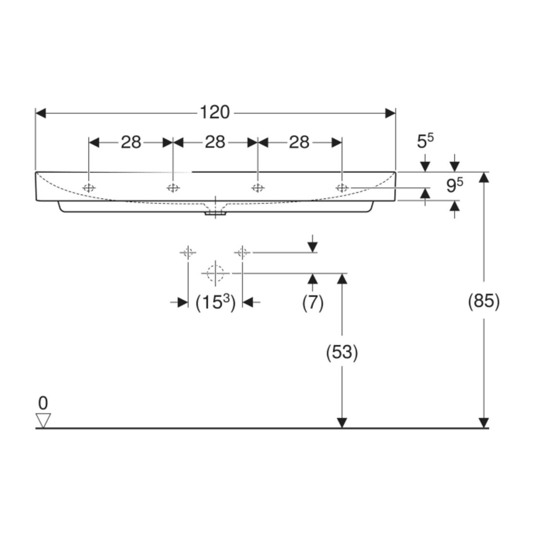 Geberit Waschtisch One 120cm, o. Hahnl. + ÜL, weiß KeraTect