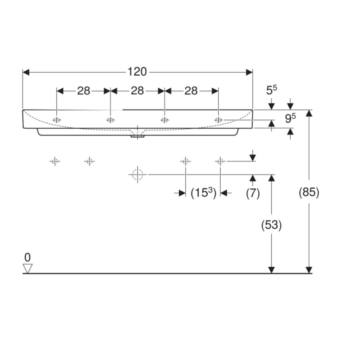 Geberit Waschtisch One 120x48cm, HL li + re, o. ÜL, we. K-Tect