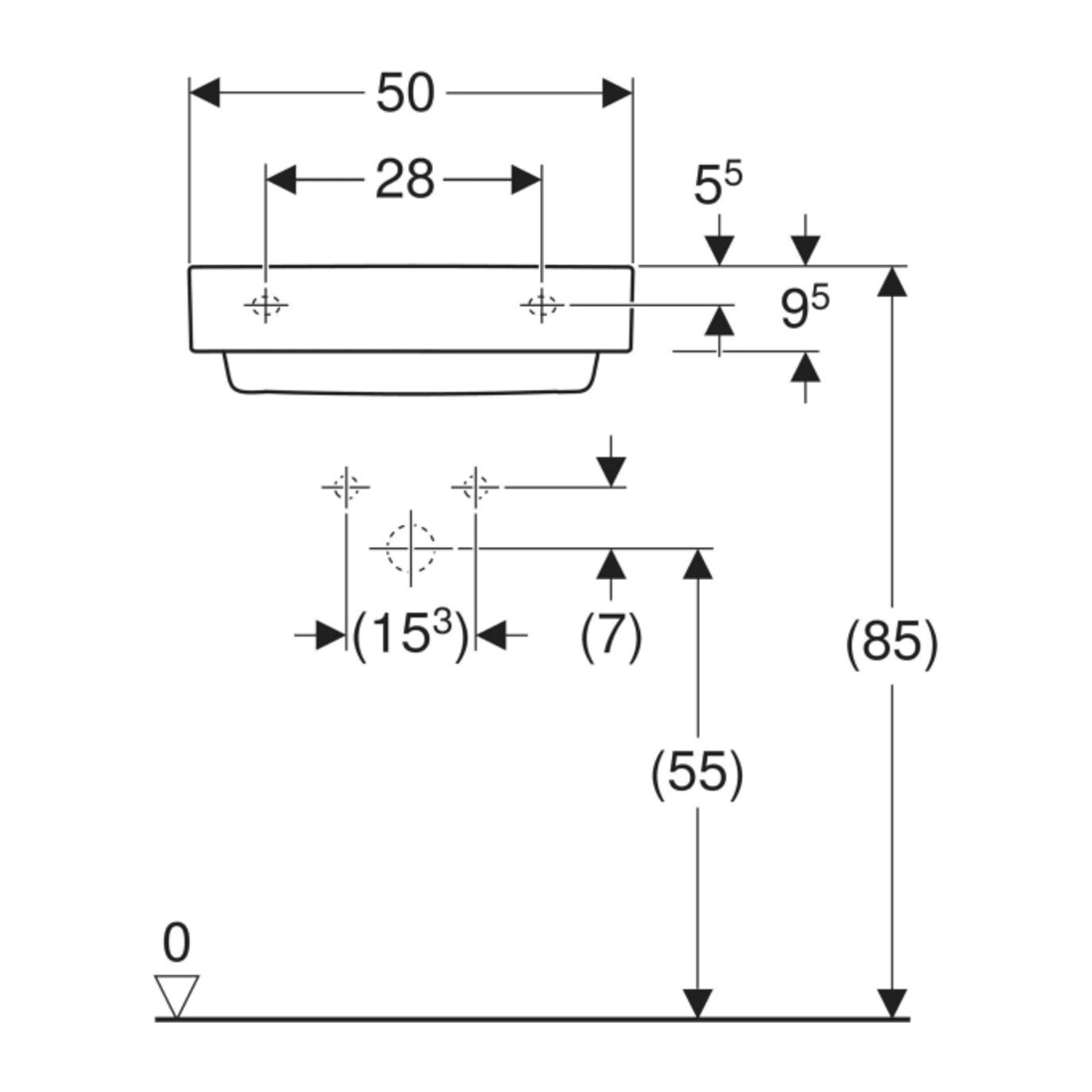 Geberit Waschtisch One 50, m HL mit., o. ÜL, we. K-Tect/Bl we.