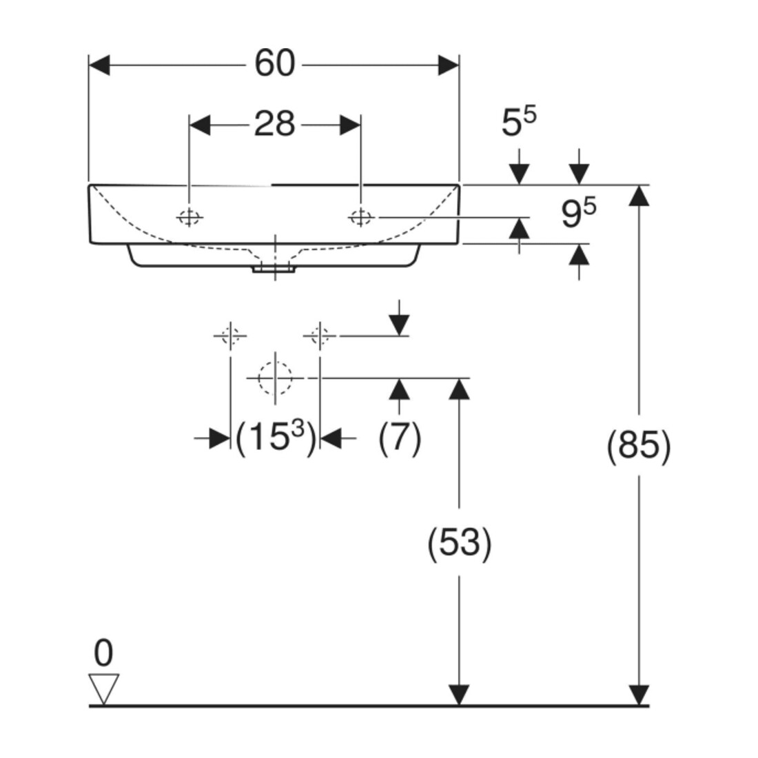 Geberit Waschtisch One 60cm, Hahnl. mit., o. ÜL, weiß KeraTect