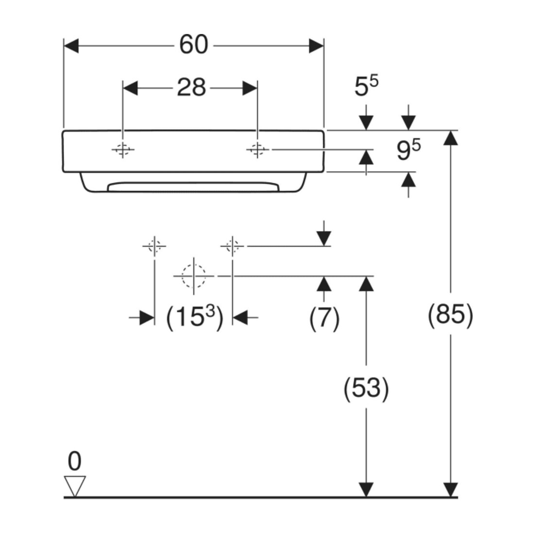 Geberit Waschtisch One 60cm, m HL mi, o. ÜL, we. K-Tect/Bl we.
