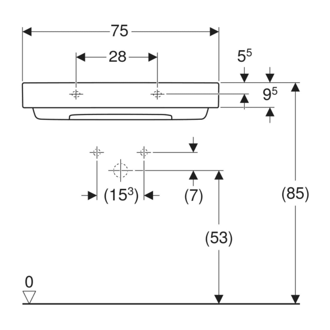 Geberit Waschtisch One 75cm, m HL mi, o. ÜL, we. K-Tect/Bl we.
