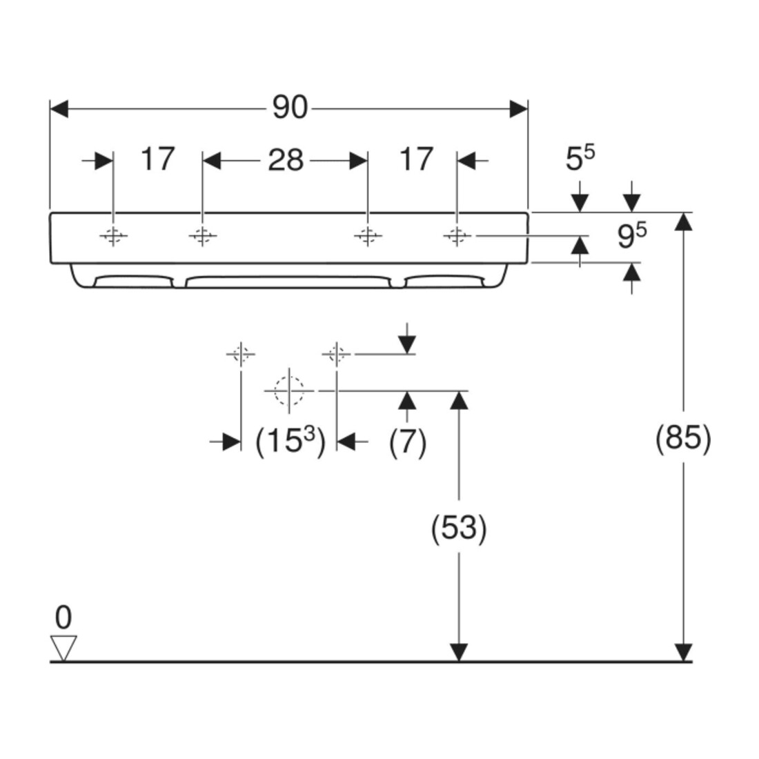 Geberit Waschtisch One 90cm, o. Hahnl. + ÜL, we. K-Tect/Bl weiß