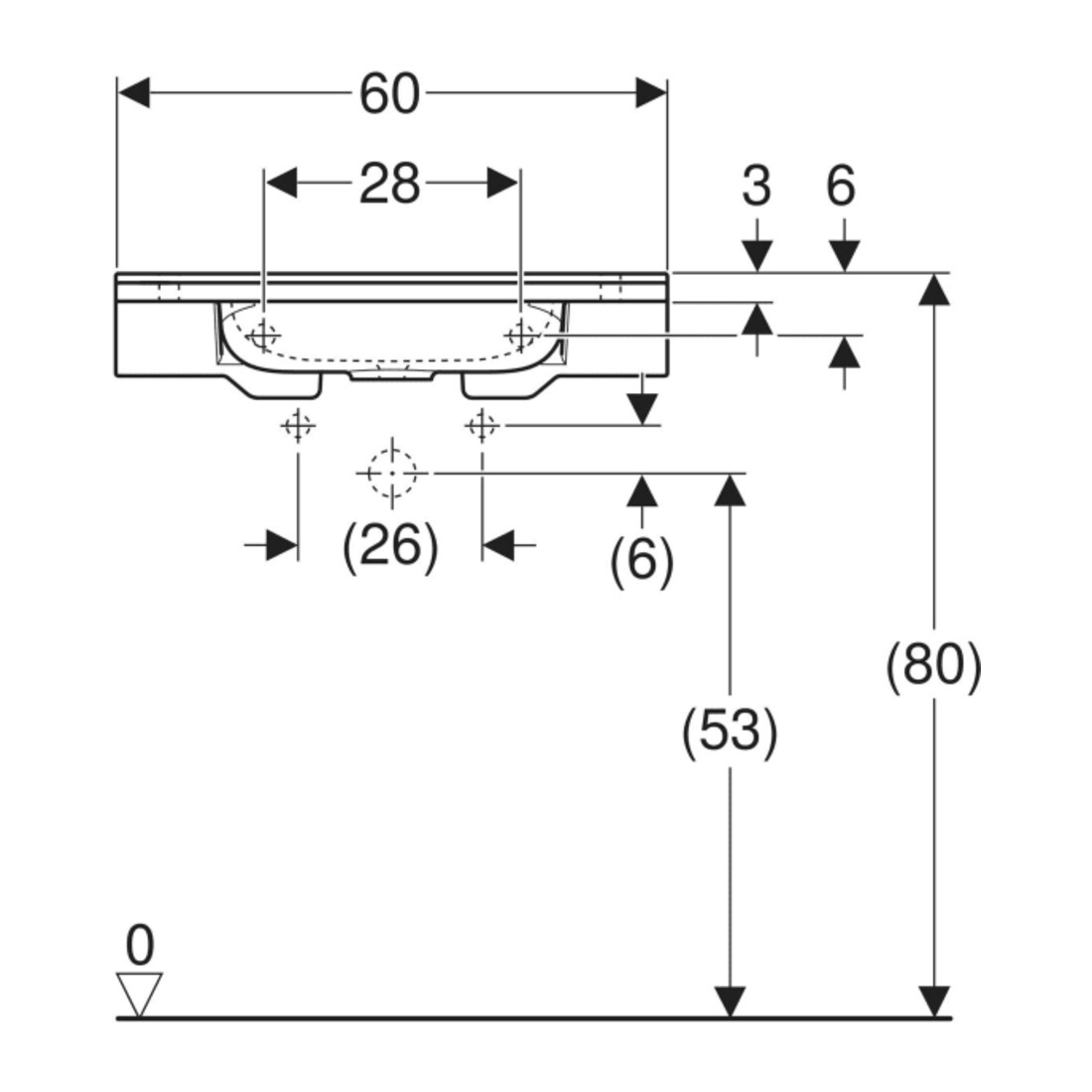 Geberit Waschtisch Publica 60x55cm, o HL, o Ü, m Auss, BF, w-a
