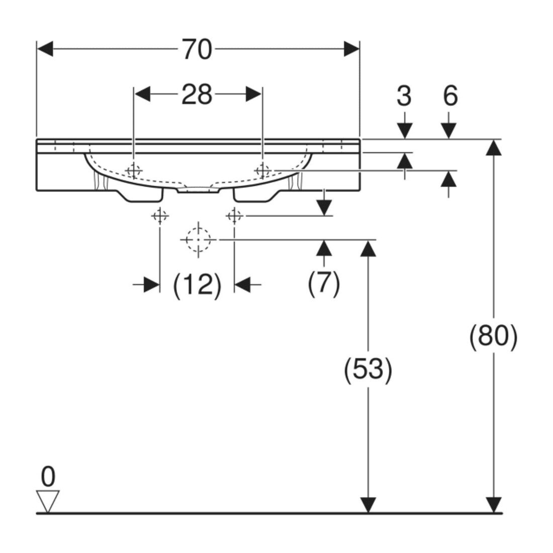 Geberit Waschtisch Publica 70x55cm, m HL, o Ü, m Auss, BF, dem., w-