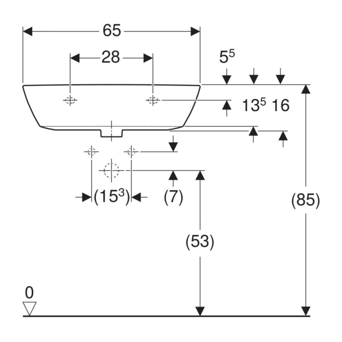 Geberit Waschtisch Renova 65x50cm, we., mit Hahnloch, mit Überlauf