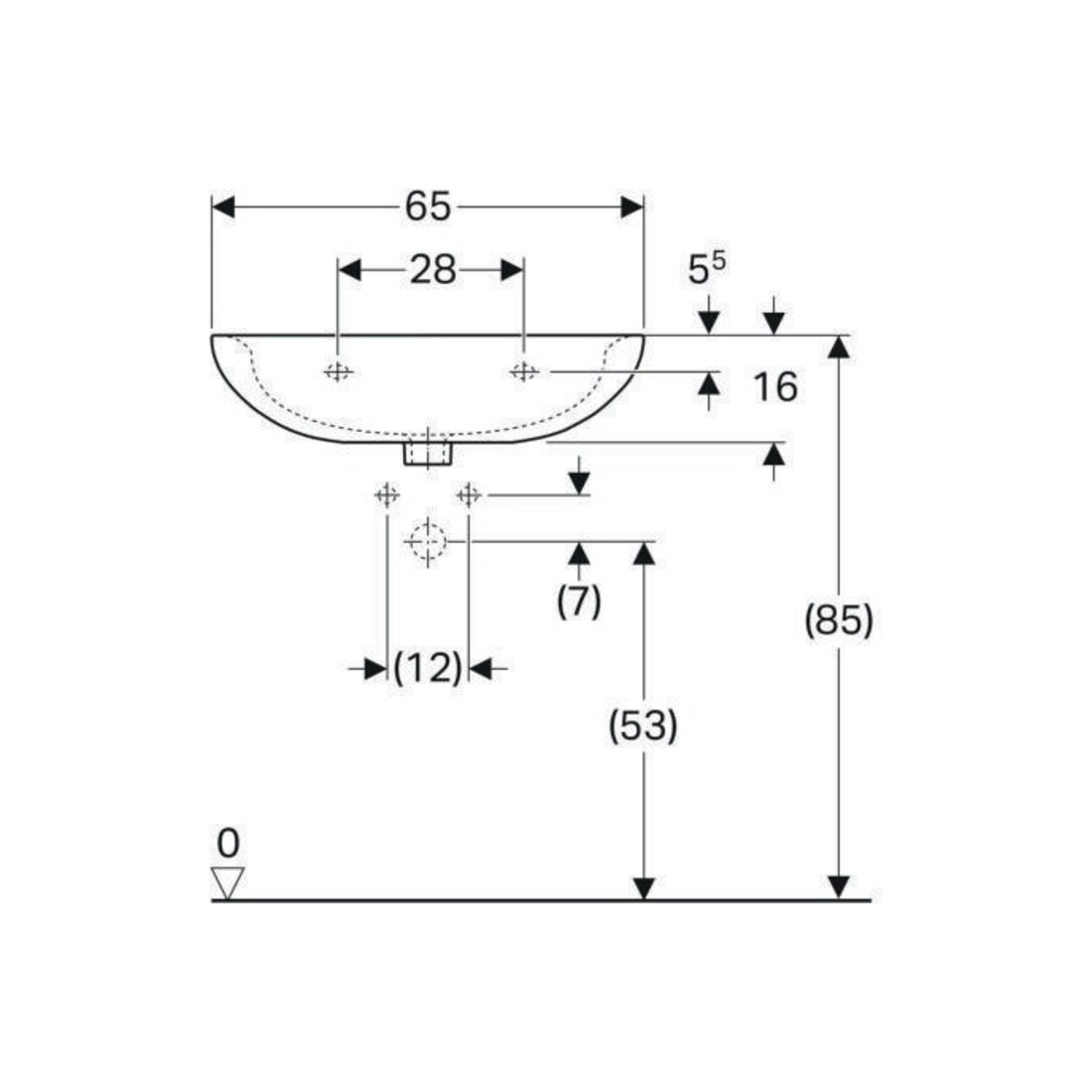 Geberit Waschtisch Renova 65x51cm, perg., m Hahnloch, mit Überlauf