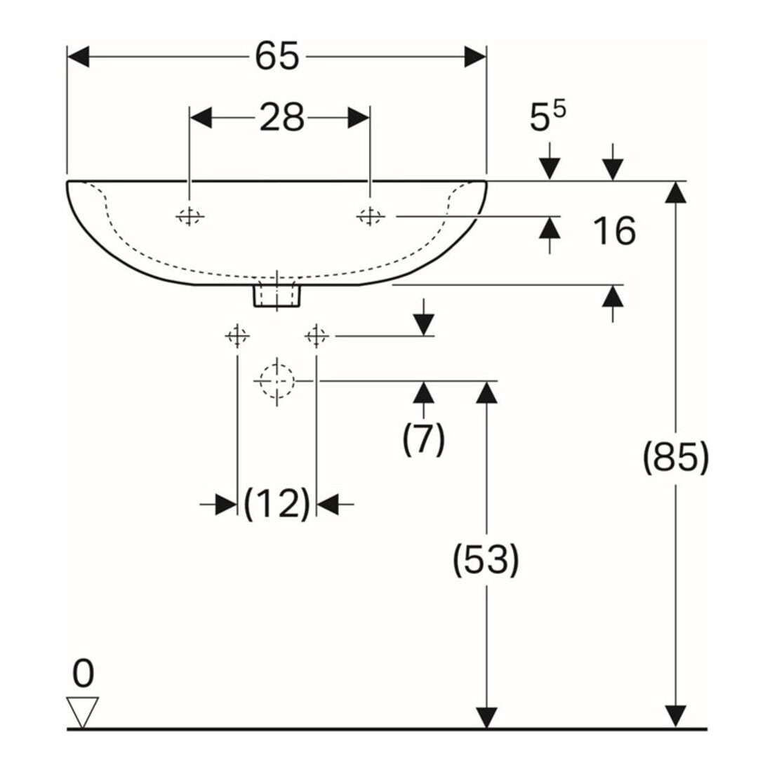Geberit Waschtisch Renova 65x51cm, perg., m Hahnloch, mit Überlauf