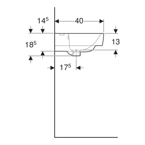 Geberit Waschtisch Renova Compact 65x40cm, Hahnl. mit., m ÜL, we. KeraTect