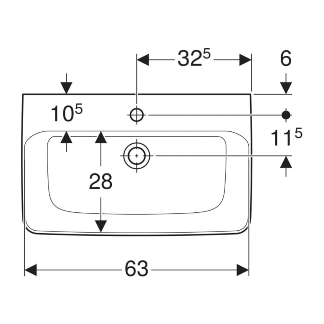 Geberit Waschtisch Renova Compact 65x40cm, Hahnl. mit., o. ÜL, we. K-Tect
