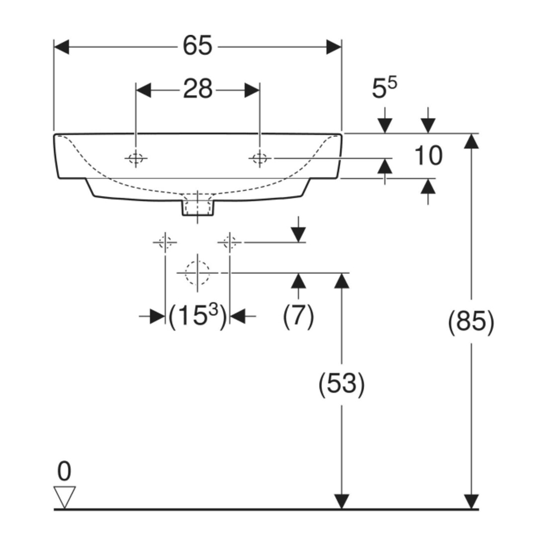 Geberit Waschtisch Renova Compact 65x40cm, Hahnl. mit., o. ÜL, we. K-Tect