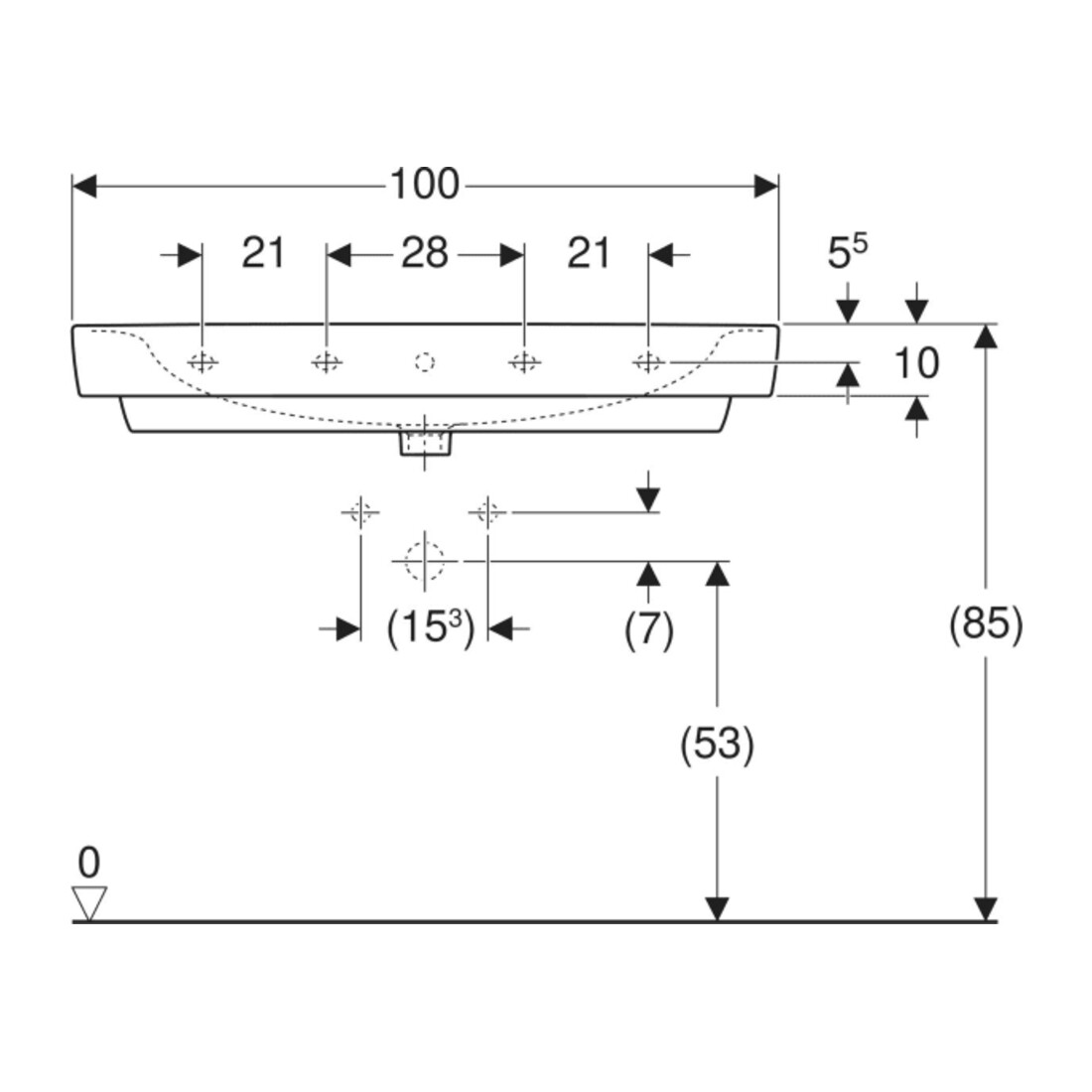 Geberit Waschtisch Renova Plan 100x48cm, Hahnl. mit., m Überlauf, weiß
