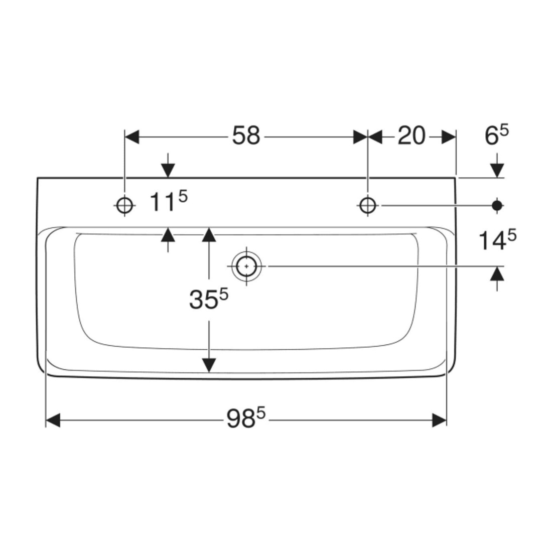 Geberit Waschtisch Renova Plan 100x48cm, Hahnl. re/li, m ÜL, we. K-Tect