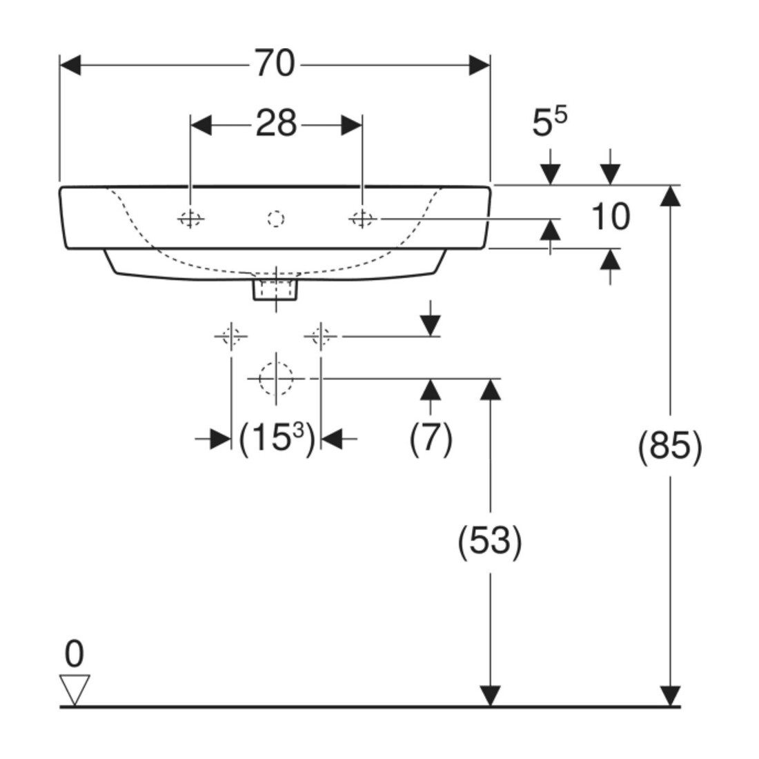 Geberit Waschtisch Renova Plan 70x48cm, Hahnl. mit., mit Überlauf, weiß