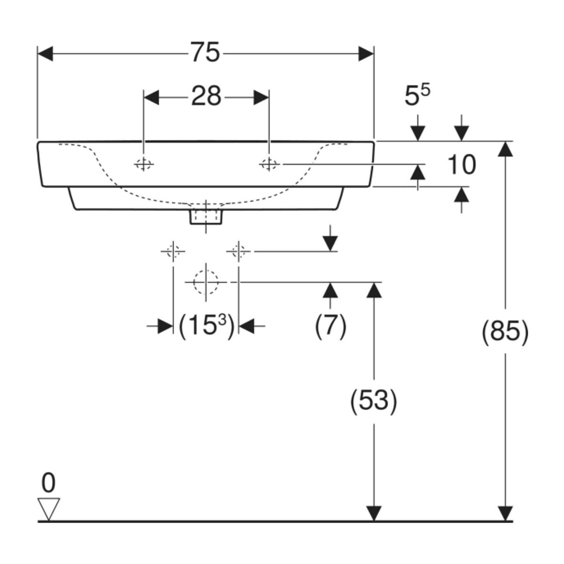 Geberit Waschtisch Renova Plan 75x48cm, Hahnl. mit., o. ÜL, we. K-Tect