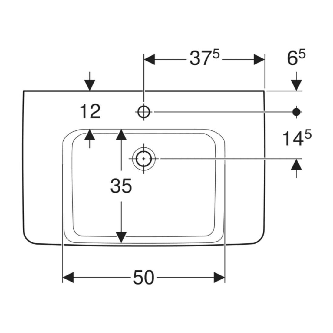 Geberit Waschtisch Renova Plan 75x48cm, HL mit., o. ÜL, Ablagefl., we.