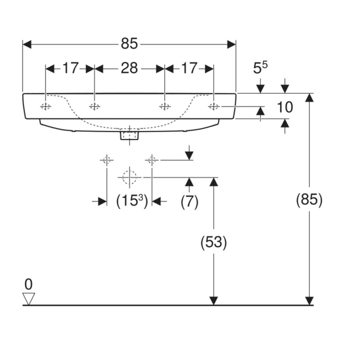Geberit Waschtisch Renova Plan 85x48cm, Hahnl. mit., o. ÜL, we. K-Tect