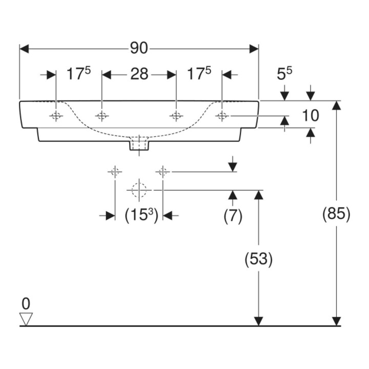Geberit Waschtisch Renova Plan 90x48cm, HL mi, o Ü, Abl, we. K-Tect