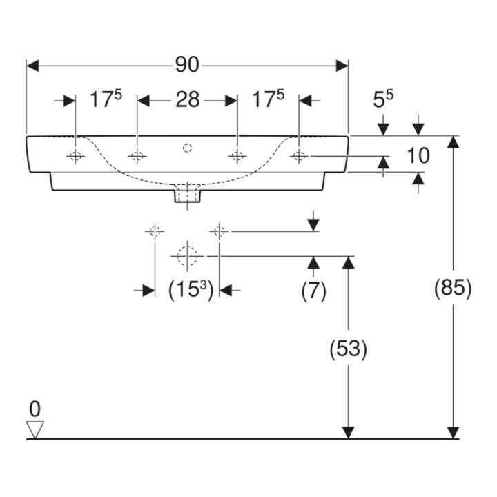 Geberit Waschtisch Renova Plan 90x48cm, HL mit., m ÜL, Ablagefl., we.